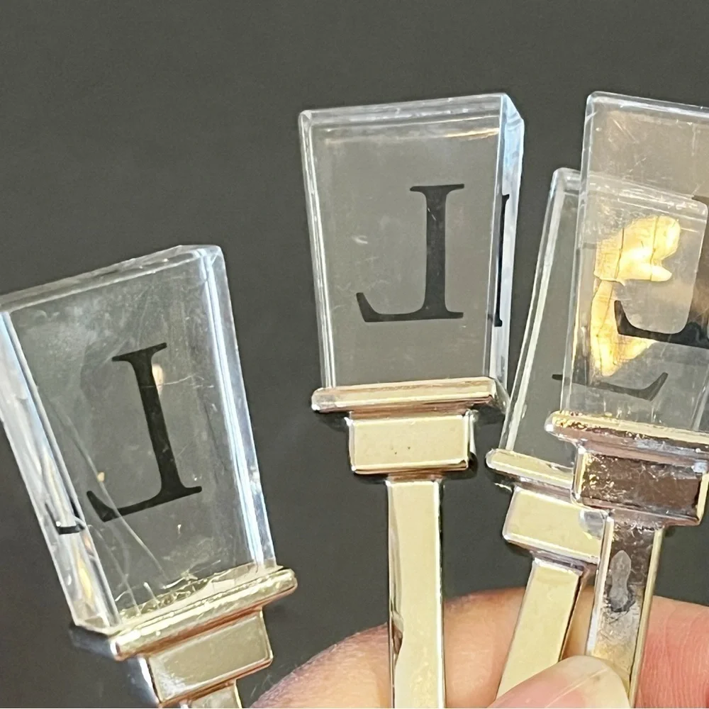 Vintage Cocktail Appetizer Forks Picks Acrylic Handle “L” Logo Stainless Set 4x